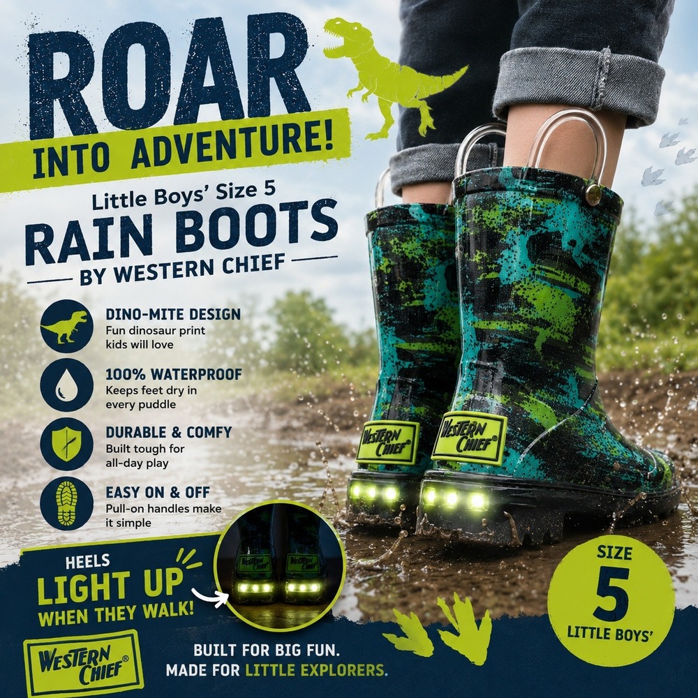 Western Chief Boys Size 5 Dinosaur Light Up‎ Rain Boots Waterproof Green Blue